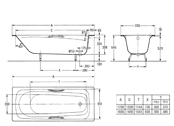 Чугунная ванна с ножками и ручками 170х70 см