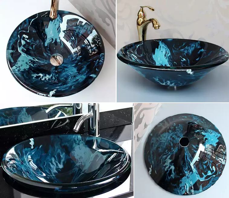 Круглая стеклянная раковина в сине-голубых тонах