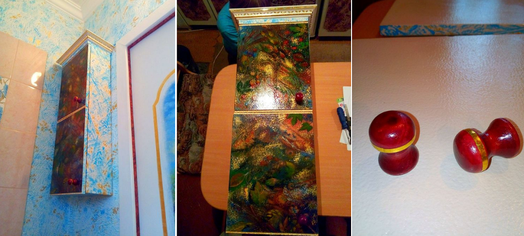 Симпатичный шкафчик декоративного типа. Подвесной с двумя дверцами. Отделан позолотой. Покрыт влагостойким лаком