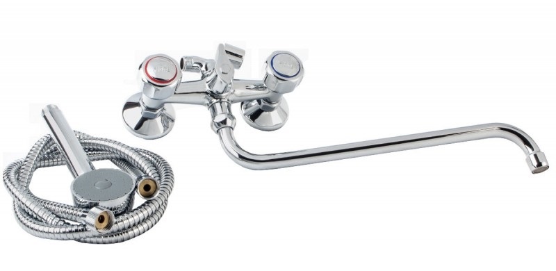 Смеситель с длинным изливом и душем двухвентильный 