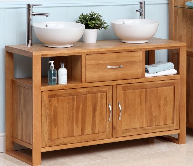 Тумба напольная под дерево с двумя умывальниками