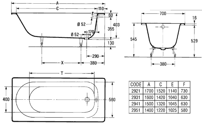 Ванна чугунная 1500 х 700 - чертеж, размеры