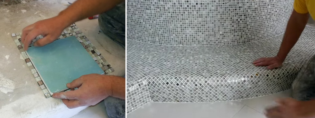 На крышку ревизионного люка наклеивается мозаика, после затирки ревизионное отверстие полностью сливается с облицовкой экрана