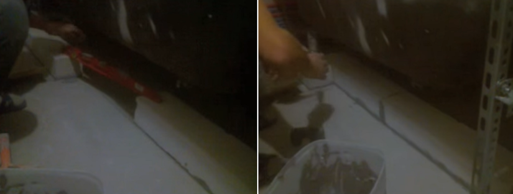 Процесс кладки первого ряда. Работа ведется по уровню