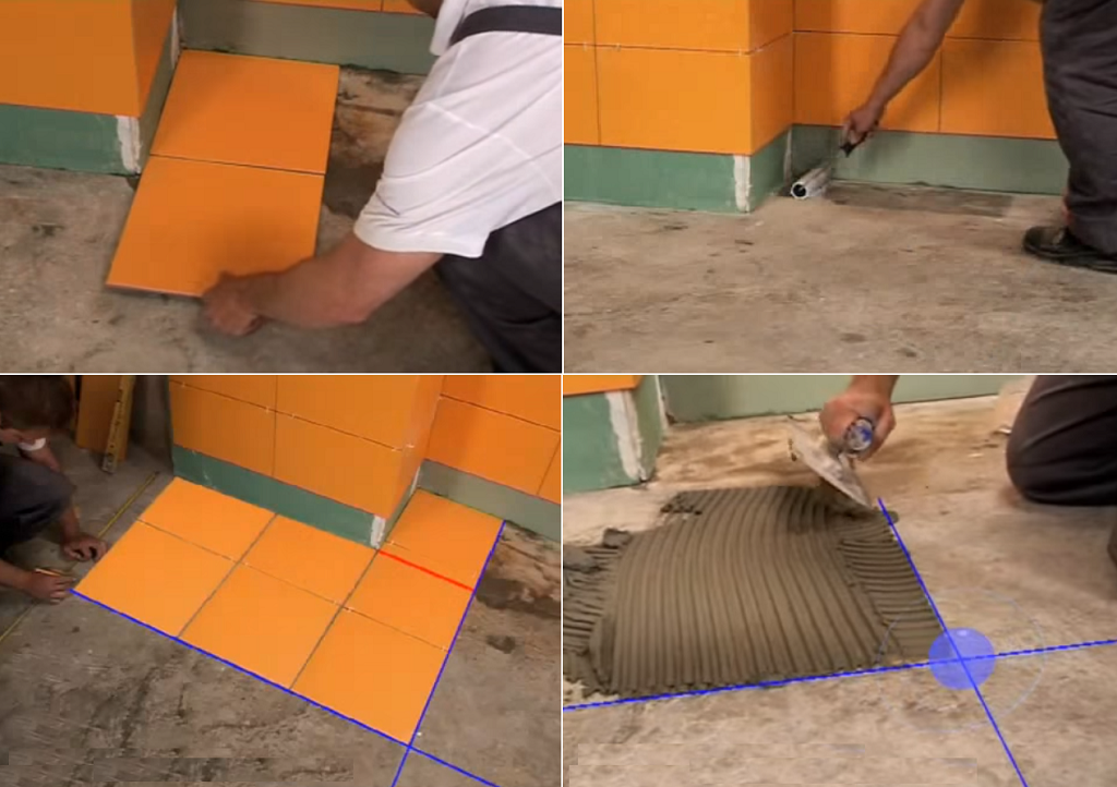 Разложите плитку на полу, сделайте разметку.Нанесите грунт и клей