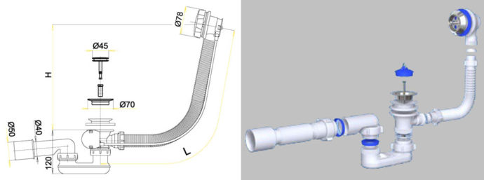 Схема сифона для ванны